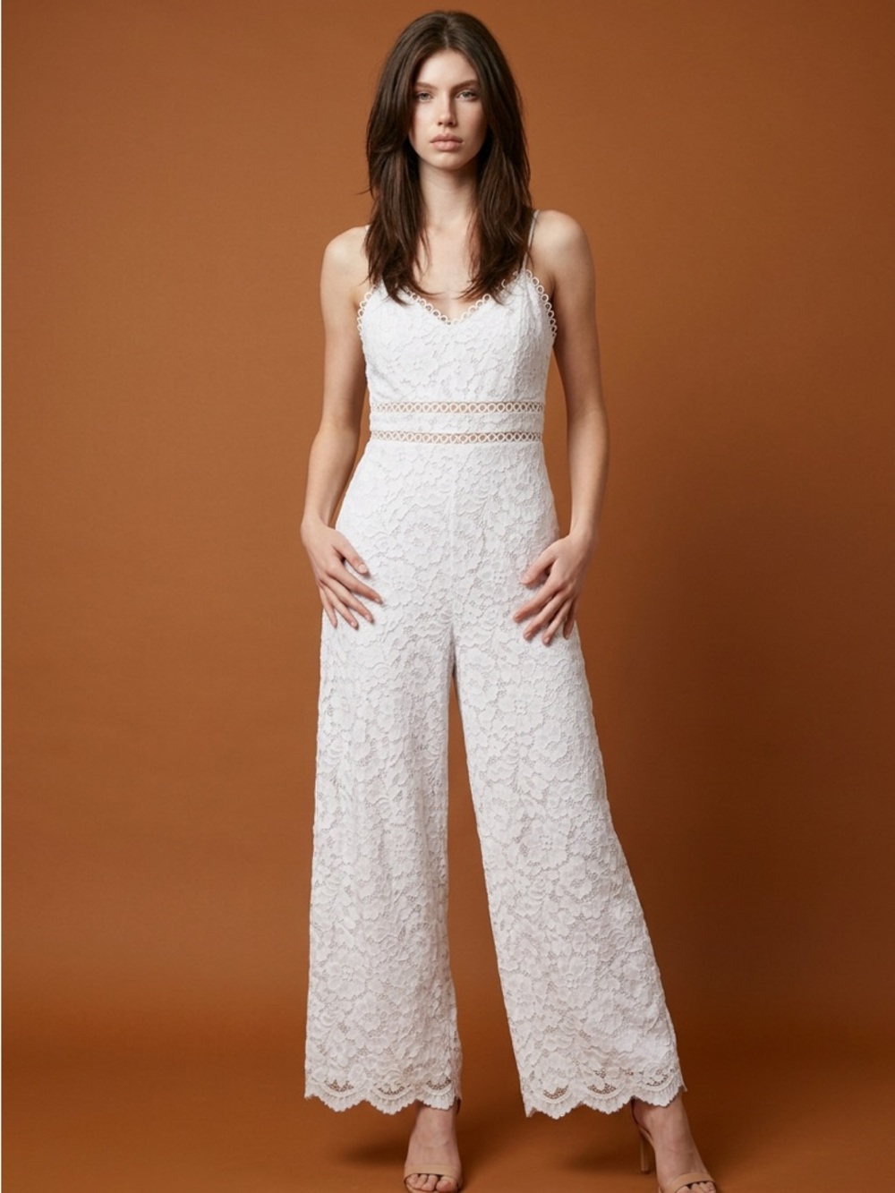 Express White Lace Wide-Leg Spaghetti-Strap Jumpsuit Crochet Waist NEW